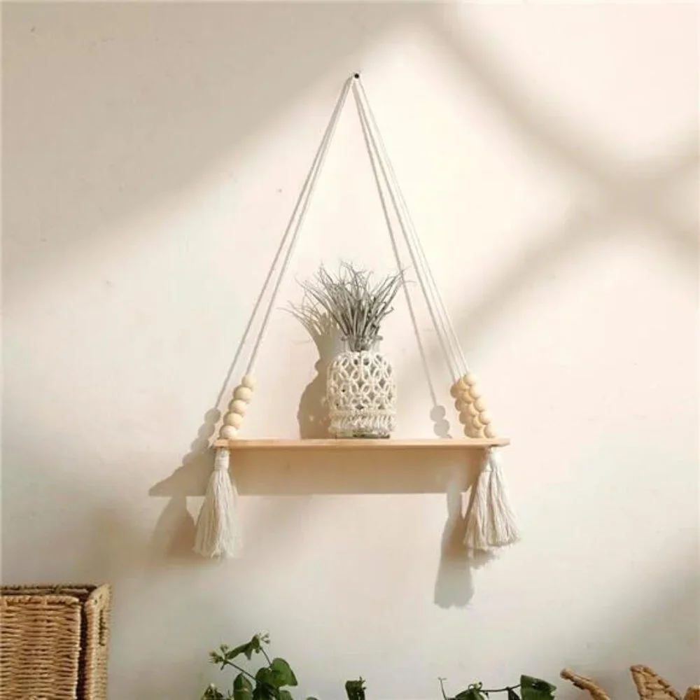 2 Pack Wooden Wall Hanging Shelves - Macrame Hanging Plant Shelf with Tassel